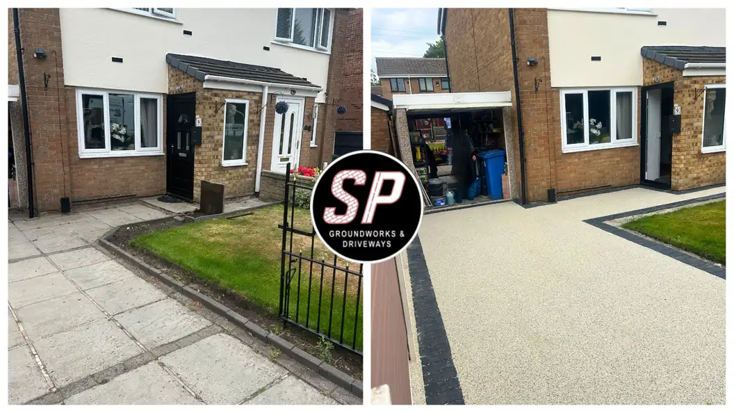 Before and after: Concrete and lawn to a full resin front by S P Groundworks & Driveways - the kind of job we do across Radcliffe