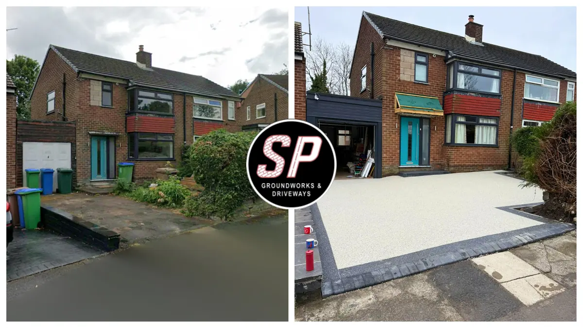 Before and after: Cracked concrete to cream resin by S P Groundworks & Driveways - the kind of job we do across Failsworth