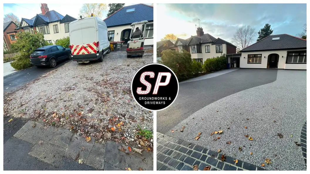 Before and after: Loose gravel to grey resin by S P Groundworks & Driveways - the kind of job we do across Rochdale
