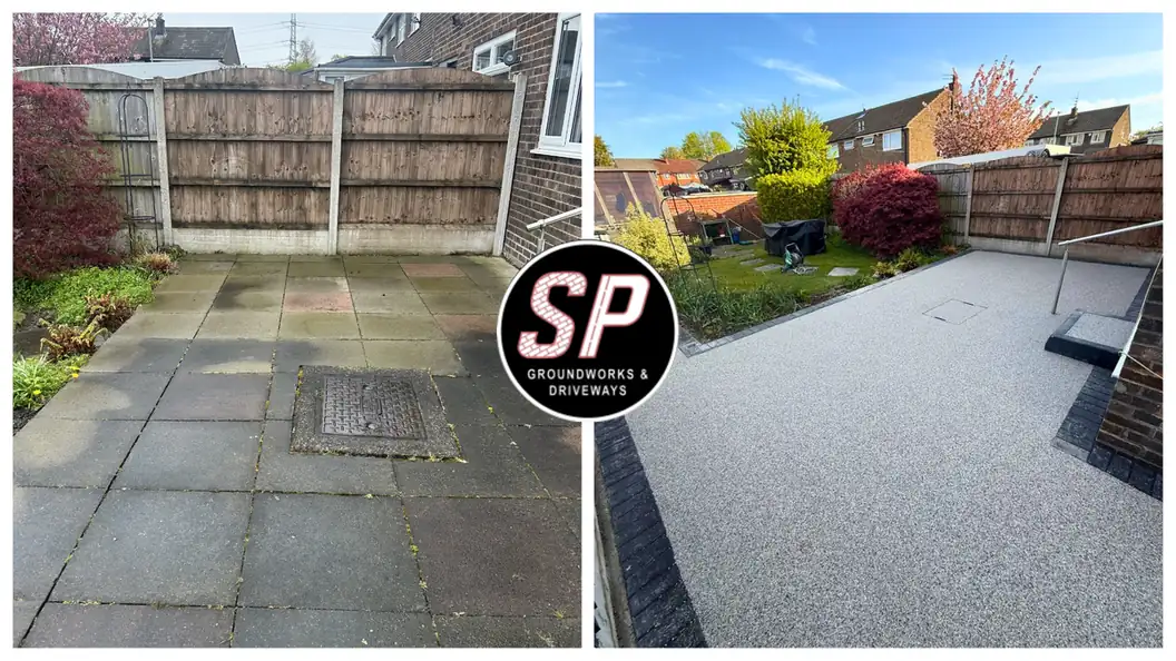 Before and after: Tired flags to a silver resin yard by S P Groundworks & Driveways - the kind of job we do across Prestwich